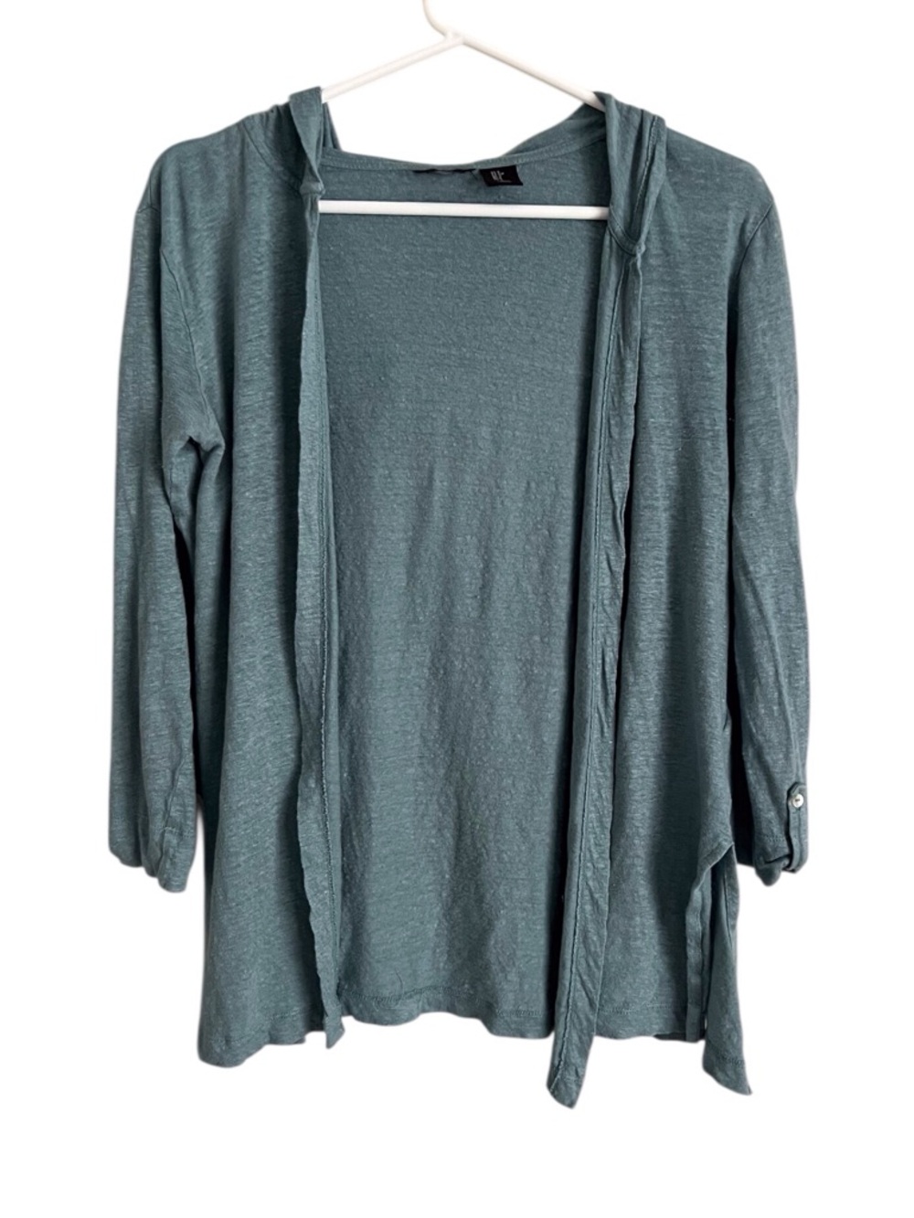 Tahari Linen Cardigan Sweater Teal Green Natural Coastal Casual Relaxed Small